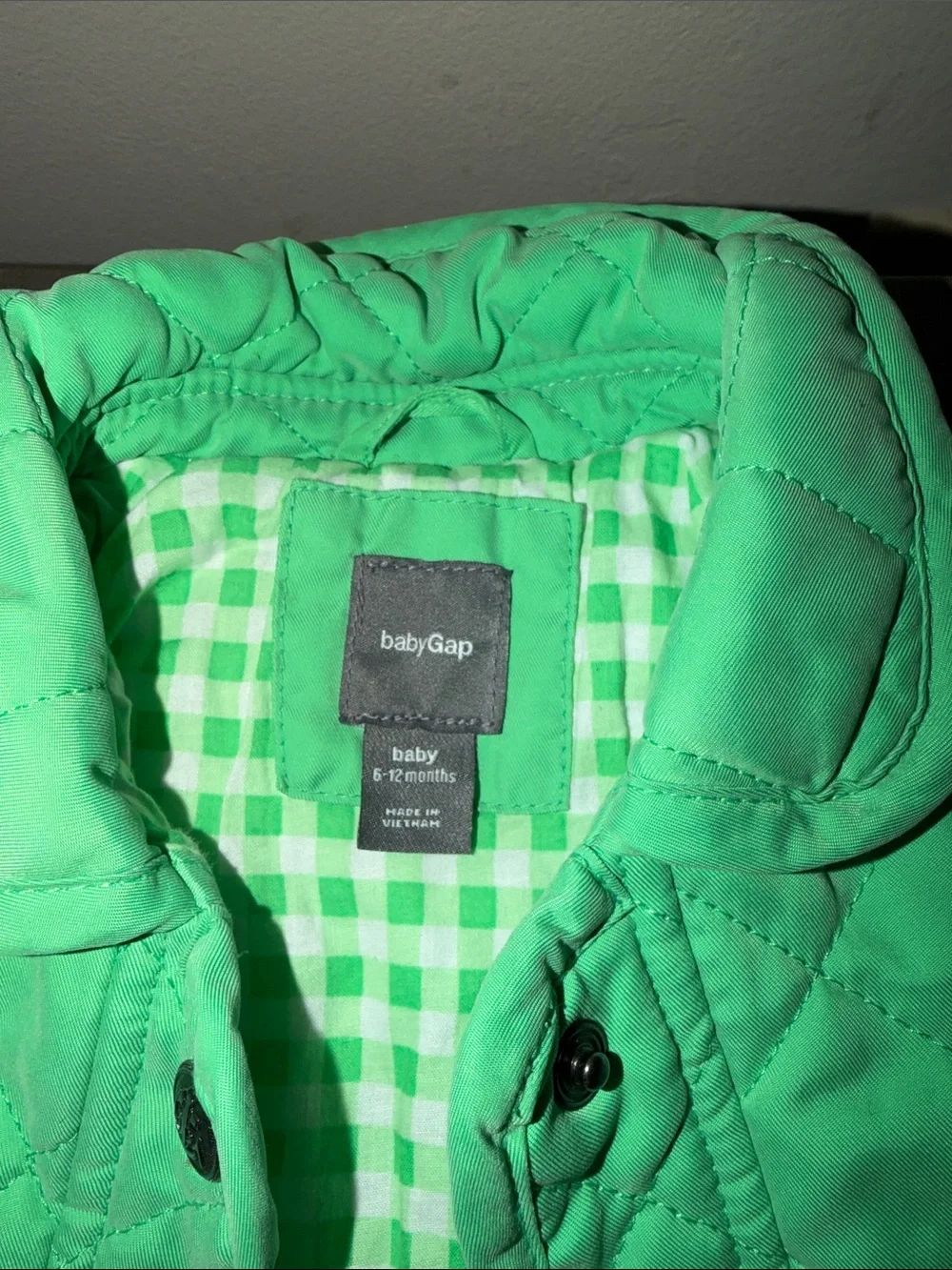 GAP Quilted Mint Green Baby Girls' 6-12 months Jacket with Gingham Lining